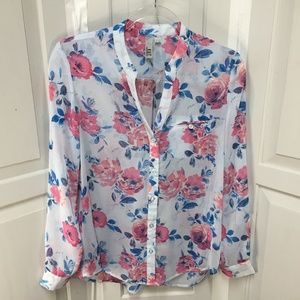 KUT from the Kloth Blue & Pink Sheer Button Down Floral Blouse